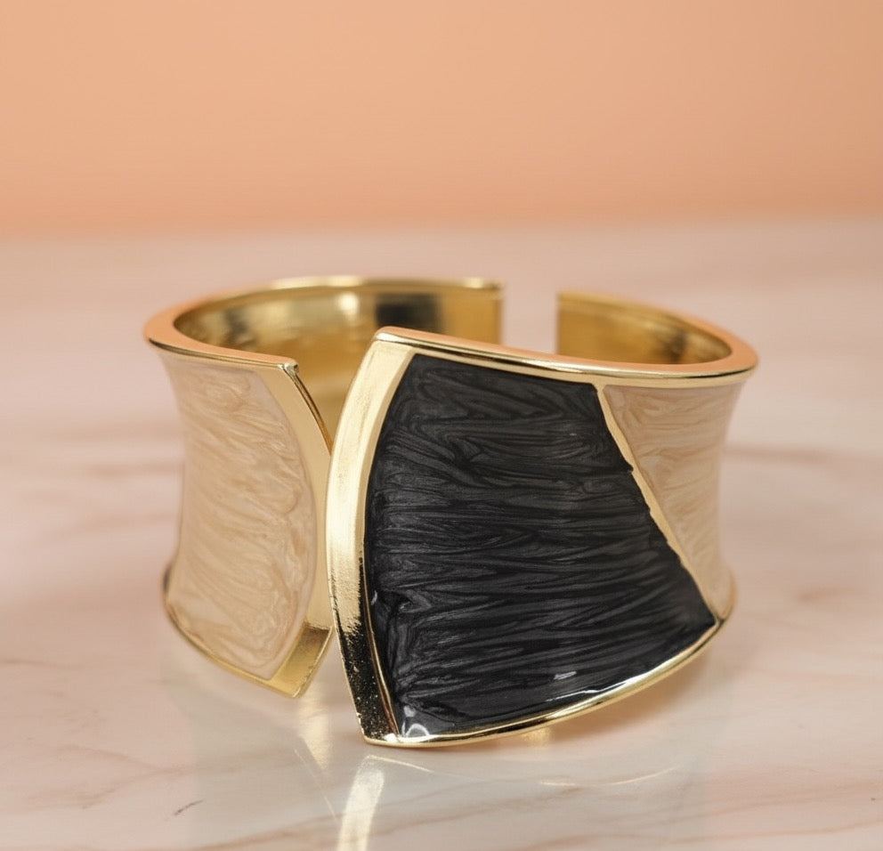 Black & Beige Enamel Open Cuff Bracelet – Gold Plated Statement Bangle