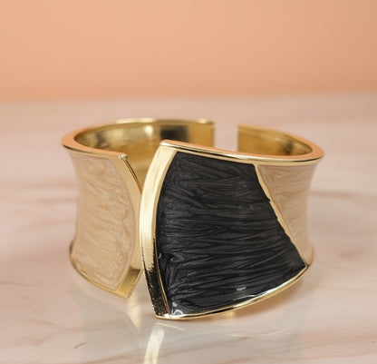 Black & Beige Enamel Open Cuff Bracelet – Gold Plated Statement Bangle