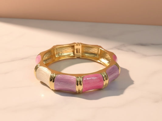 Pastel Pink & Purple Enamel Bracelet – Gold Plated Chunky Bangle for Women
