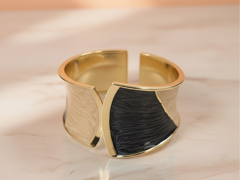 Black & Beige Enamel Open Cuff Bracelet – Gold Plated Statement Bangle