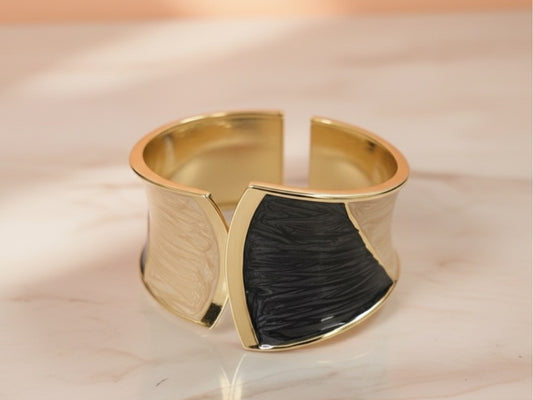 Black & Beige Enamel Open Cuff Bracelet – Gold Plated Statement Bangle