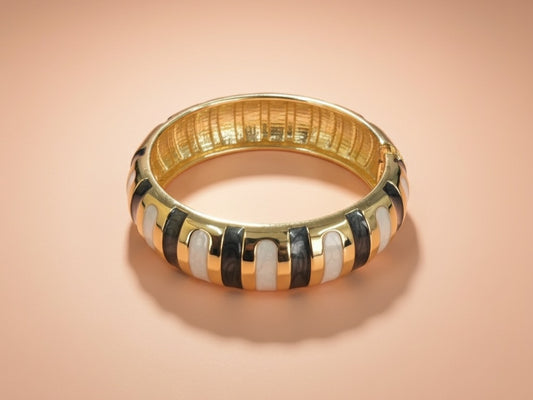Black and White Enamel Bracelet – Gold Plated Striped Bangle for Women