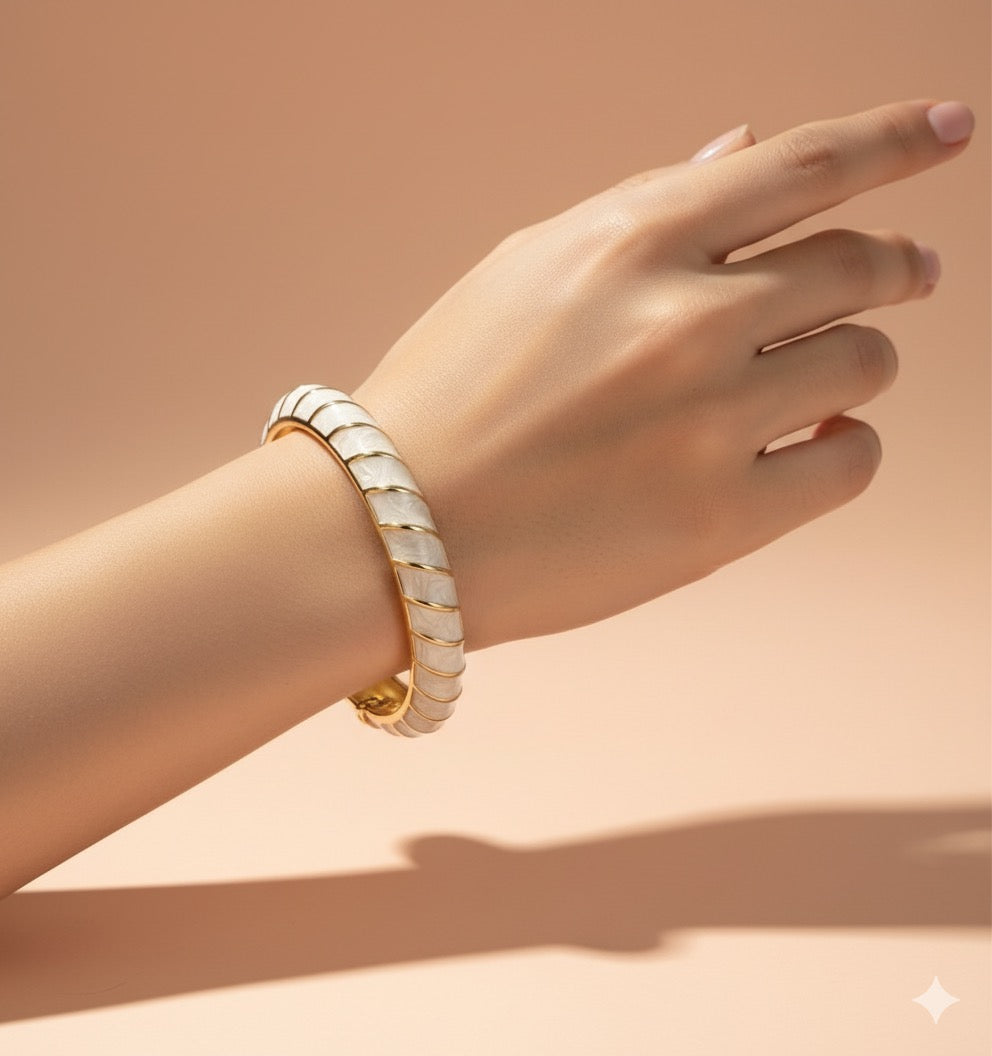 White Enamel Gold Polish Bangle Bracelet – Free Size, Anti-Tarnish & Durable
