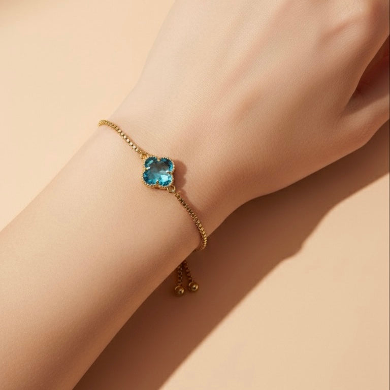 Adjustable Clover Bracelet with Green Crystal