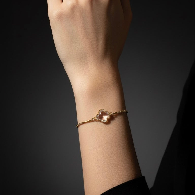 Adjustable Clover Bracelet with White Transparent  Crystal