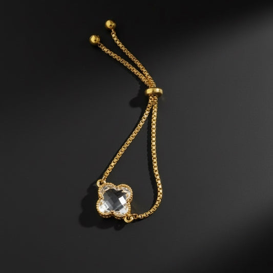 Adjustable Clover Bracelet with White Transparent  Crystal