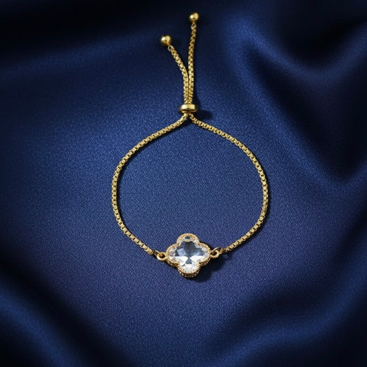 Adjustable Clover Bracelet with White Transparent  Crystal