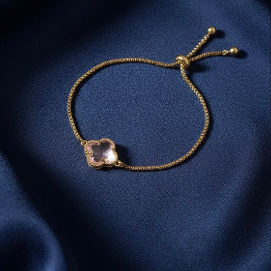 Adjustable Clover Bracelet with Pink Crystal