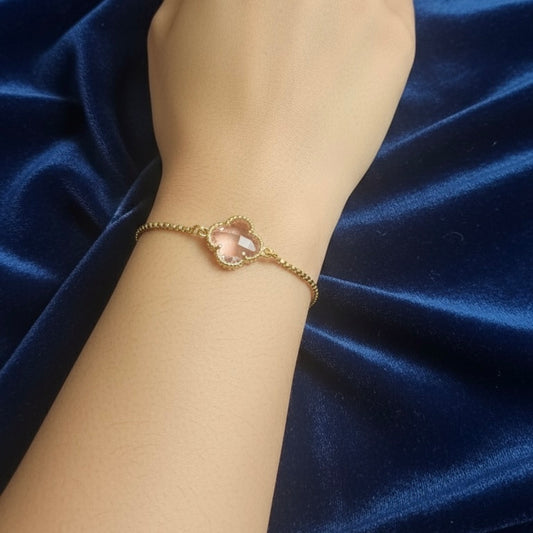 Adjustable Clover Bracelet with Pink Crystal