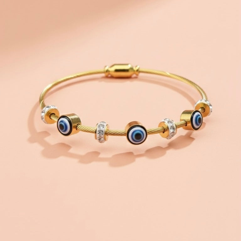 Anti-Tarnish Gold Evil Eye Charm Bracelet – Adjustable with Crystal Accents