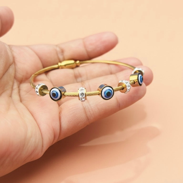Anti-Tarnish Gold Evil Eye Charm Bracelet – Adjustable with Crystal Accents