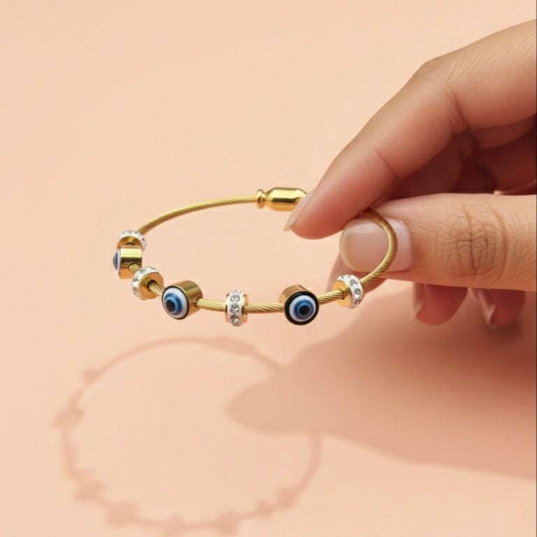 Anti-Tarnish Gold Evil Eye Charm Bracelet – Adjustable with Crystal Accents