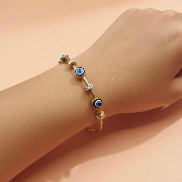 Anti-Tarnish Gold Evil Eye Charm Bracelet – Adjustable with Crystal Accents