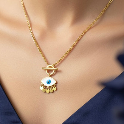 Anti-Tarnish Gold Evil Eye Pendant Necklace with Blue Enamel – Protection & Style