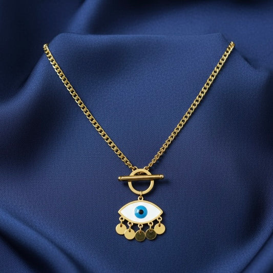 Anti-Tarnish Gold Evil Eye Pendant Necklace with Blue Enamel – Protection & Style